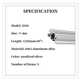BELLA BAYS 5pcs 48 inch 1220mm 2040 V Slot Aluminum Extrusion Profile European Standard Anodized Silver Extruded Linear Rail Guide Frame for 3D Printer Laser Engraving Machine CNC Workbench DIY
