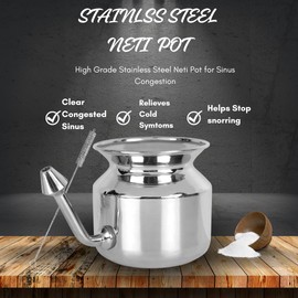 304 Grade Stainless Steel Ayurvedic Jal Neti Pot for Sinus Congestion and Nasal Cleansing Non - Corrosive Unbreakable Hygienic Smooth Nose Tip Snugly Fits