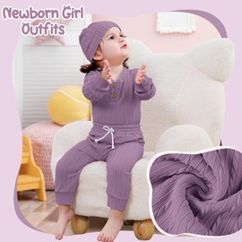 TATAKERI Newborn Infant Baby Girl Clothes Infant Girl Outfits 3pcs Long Sleeve Ribbed Romper Fall Winter Outfits 0-18 Months