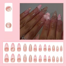 24 Pcs Winter Press on Nails Short Almond - YEFIUO Nude Pink Nail Tips Acrylic Nail Kit Fake Nails Press ons French Tip Glue on Nails Short Nail Art 3D Charms Full Cover Glossy False Nail for Women