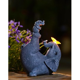Tiejiajiang Mommy & Baby Elephant Garden Statue with Solar Butterfly Lights - Perfect Elephant Decor & Ornament for Women, Housewarming Gifts and as Garden Decorations (Elephant)