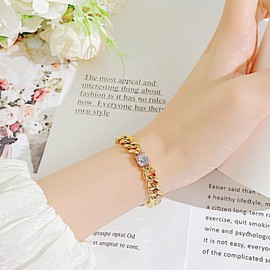 Jean Beau Gold Chunky Rhinestone Cuban Chain Bracelet for Women Fashion Minimalist Sparkly Cubic Zirconia Beach Thick Link Teen Jewelry Gifts