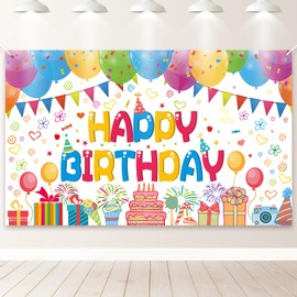 PartyYaa Birthday Banner, Happy Birthday Banner Decoration for Children, Extra Large Birthday Party Photo Booth Background Decoration Sign Poster for Girls and Boys (White)