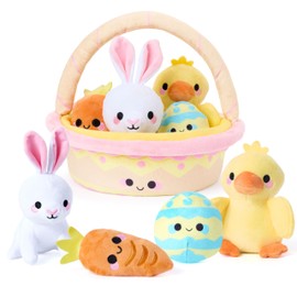 JOYIN 5 Pcs Easter Basket Plush Playset, Filled Basket with Bunny Chick Egg Carrot, Easter Basket Prefilled with Animal Stuffers, Easter Toys & Gifts for Baby Toddler Kids Boys & Girls of All Ages
