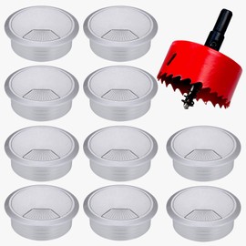 Hejo Pack of 10 Desk Cable Grommets, 60 mm Cable Pass with 1 Hole Saw, Round Cable Guide Table for Table, Office, Worktops, Silver