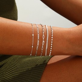 Relveo Silver Bracelets for Women Stackable Trendy 14K Silver Plated Bracelets Stack Jewelry Sets Cuban Chain Figaro Paperclip Link Chain Adjustable Bracelet Pack Jewelry Gifts for Women