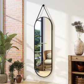 16''x48'' Full Length Mirror, Modern Oval Door Mirror Full Length with Hanging Leather Cord, Wall Mounted Mirror with Hanging Leather Strap for Bathroom Vanity Living Room Bedroom Entrance，Black