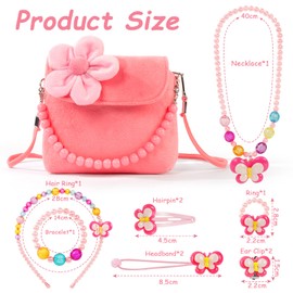 OSDUE Little Girls Plush Handbags, Jewellery Set for Girls, Chain Necklace Bracelet Ring Jewellery Set, Cute Plush Handbag for Party Dress Up Gift (Pink)