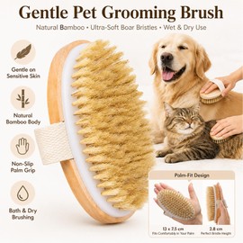Bamboo Boar Bristle Pet Palm Brush, Wet and Dry Grooming, 1-Piece