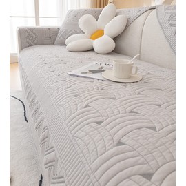 vctops Solid Color Cotton Quilted Sofa Couch Cover Weave Pattern Soft Sectional Couch Covers Embroidery Non-Slip Sofa Slipcover for Dogs, Children, Pets Furniture Protector (Light Grey,28"x28")