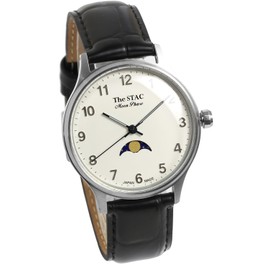 The STAC ST-MF001 Wristwatch, Made in Japan, 1.4 inches (36 mm), Antique Retro Men's, Women's, Unisex, Moonphase, Arabic x White Black Croc, white (off-white), Classic