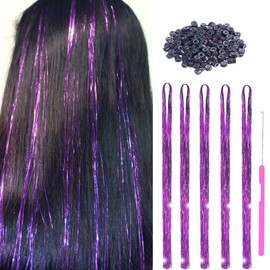 47" Holographic Hair Tinsel Kit Shining Purple Professional Sparkle Heat-Resistant Silk Extensions,Hair Accessories for Girls, Party Hair, Gifts for Girls (1000 Strands, Shining Purple)