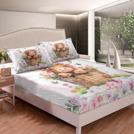 Homemissing Cute Highland Cow Bedding Sheets Single Highland Cattle for Kids Teens Farm Animal Fitted Sheet Bed Sheet Set Pink Flower Bed Cover 2Pcs,1 Fitted Sheet+1 Pillow Sham（No Flat Sheet）