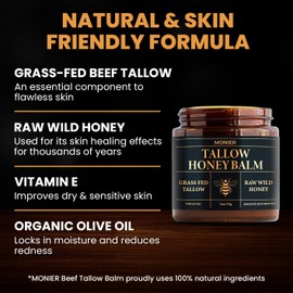 MONIER Beef Tallow and Honey Balm for Skin and Face – Moisturizer with 100% Organic Grass-Fed Beef Tallow & Raw Wild Honey – Natural Formula for Dry & Sensitive Skin – 2oz, Unscented