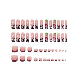 48Pcs Leopard Print Press on Nails Wine Red French Tip Press on Toenails Set, Long Square False Nails with Cherry Charms Design Full Cover Reusable Cheetah Fake Acrylic Nails Kit for Women Manicure