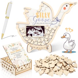 Chunful 64 Pcs Goose Baby Shower Guest Book Alternative a Silly Goose Will Be on The Loose Decorations for Boys Girls, Wooden Frame Guest Book with Stand, Pen, Box Baby Keepsake for Parties Weddings