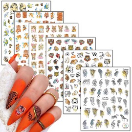 Tiger Animal Stickers: Self-Adhesive Tiger Nail Decals with Holographic Flowers & 3D Art Design - Decoration for Women & Acrylic Nails (6 Sheets)