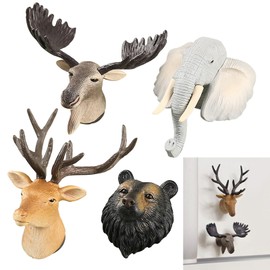 3D Wildlife Refrigerator Magnets,Moose Elephant Bear Elaphurus Davidianus Head Sculptures,Realistic Animal Art Home Decoration for Kitchen Fridge Office Bedroom,4 Piece Set