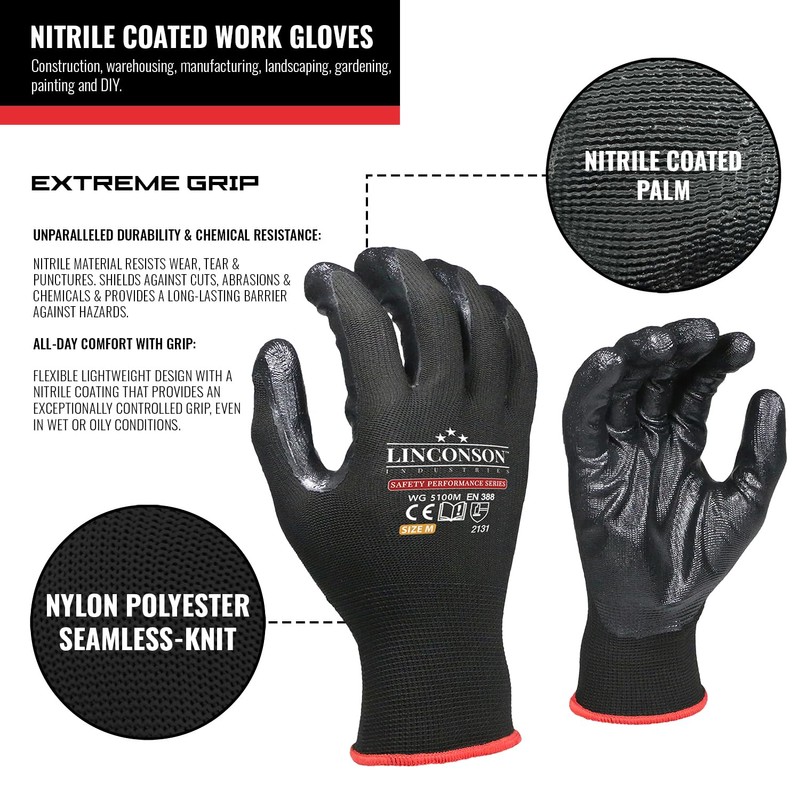 LINCONSON 12 Pack Extreme Grip Lightweight Nitrile Coated Construction &