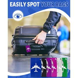 Caianwin 6 Pcs Luggage Tags, Aluminium Alloy Suitcase Tags, Suitcase Labels with Steel Loop and Waterproof Name ID Card, Bag Tags Travel Accessories for Checked Luggage