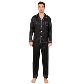 RuanMM -Mens satin pajamas set Silky long sleeve silky pj Button Sleepwear for man (Black-Stripe,L)