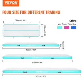VEVOR Gymnastics Air Mat, 4 inch Thickness Inflatable Track with Electric Pump, Training Mats for Home Use/Gym/Yoga/Cheerleading/Beach/Park/Water, 20 ft, Mint Green