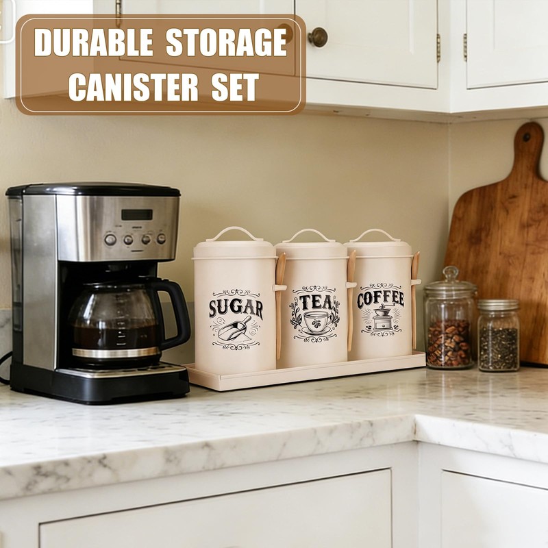 Purpeak 3 Pcs Beige Coffee Tea Sugar Container Set, Metal