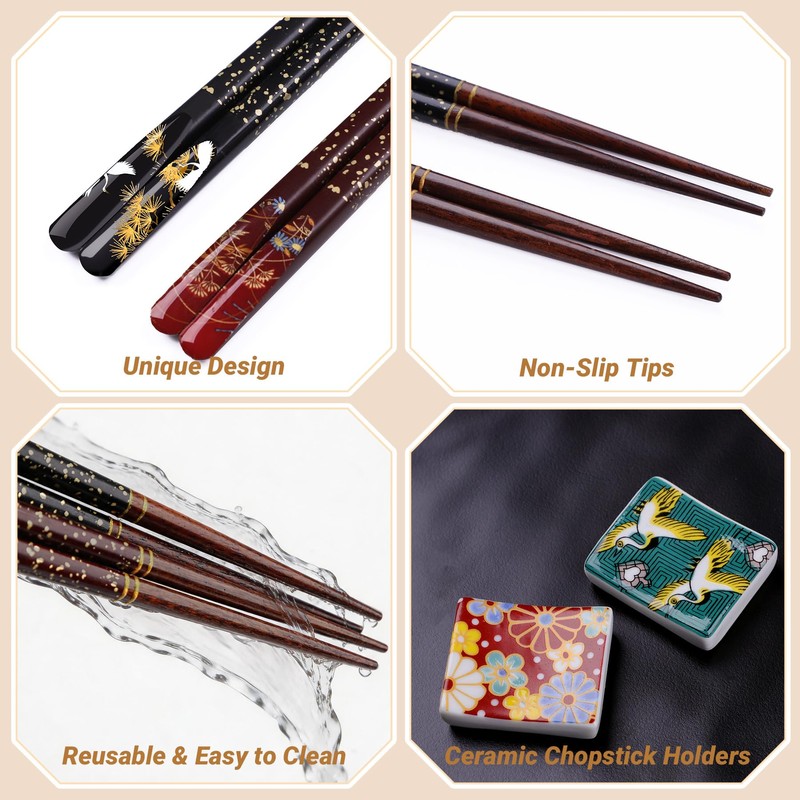 Antner 2 Pairs Reusable Wooden Chopsticks with 2PCS Ceramic Rests
