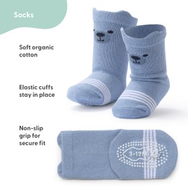 The Peanutshell Organic Baby Boy Socks for 3-12, 12-24 Months - Non-Slip Grip, Soft and Breathable 100% Cotton Baby Crew Socks - All Day Comfortable Design, Toddler Socks - Blue, Gray
