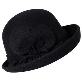Bienvenu 1920 Vintage Cloche Bucket Hat Women Church Derby Party 100% Wool Hat,Black