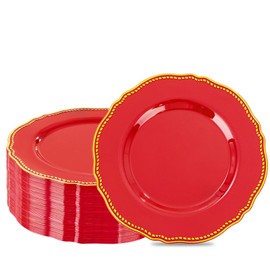 Hioasis 60pcs Red Plastic Plates - Red and Gold Disposable Plates, 7.5 inch Plastic Dessert Plates, Perfect for Wedding & Party & Christmas