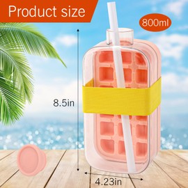 2 in 1 Water Bottle Ice Cube Tray with Lid and Bin, My Crush Cup Ice Cube Bottle with Straw, Push-Type Ice Cube Making Bottle for Home Outdoor Office Making Freezer Coffee Juice (Pink, 800ml)