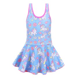 KuKiee Traje de baño de una pieza con estampado de estrellas y unicornio arcoíris, Azul (Sky Blue), 6-7