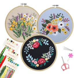 Koomon 3 Set Embroidery Starter Kits for Adults with Flower Patterns and Instructions, Beginner Stamped Cross Stitch Kits