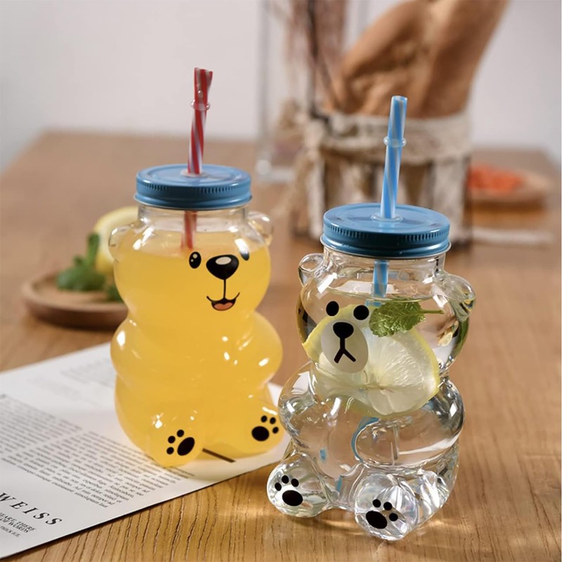 Kawaii Bear Sippy Cup 19oz, Clear Bear Glass Cup with