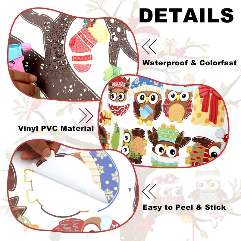 Christmas Owl Tree Window Clings Double Sided Static Vinyl Cling
