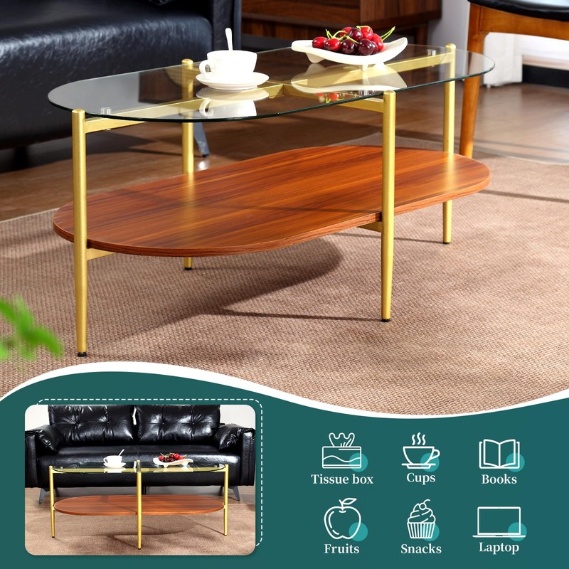 Glass and Wood Coffee Table, Mid Century Modern Design, Clear