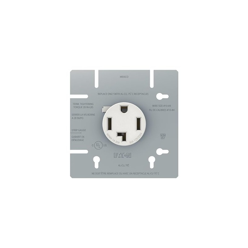 Eaton NEMA 14-30R Dryer Receptacle 30 Amp 125/250V 3P4W White