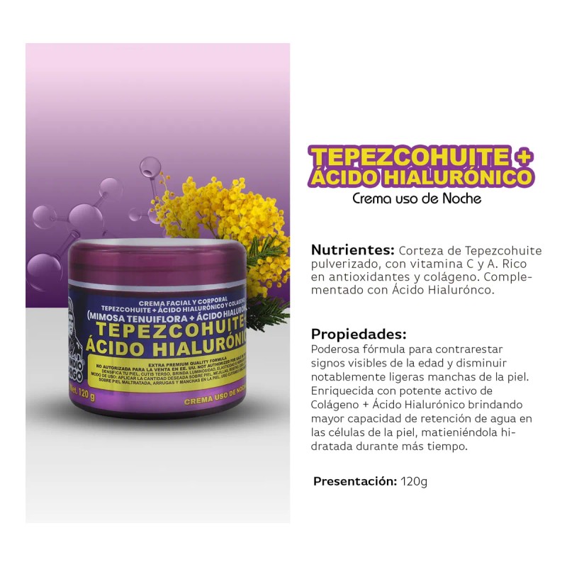 Crema Ácido Hialurónico + Tepezcohuite Uso De Noche 120 G