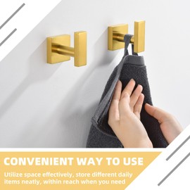 APLusee Robe Towel Hook 2 Pack Brushed Gold, 304 Stainless Steel Square Coat Hanger, Wall Mounted