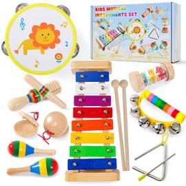 Toddler Musical Instruments - Musical Toys for Toddlers 3-5, 8 in 1 Montessori Kids Instruments Wooden Baby Toys in Rainbow Colors, Baby Xylophone Tambourine Drum Set for Toddler Birthday Gift