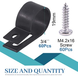 Glarks 60Pcs 3/4 Inch Black Nylon Screw Mounting R-Type Cable Clip Wire Clamp with 60Pcs Screws for Wire, Cable, Conduit and Cable Conduit Kit (Black)