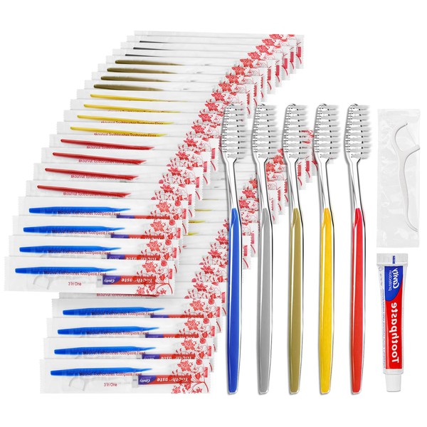 Disposable Toothbrushes with Toothpaste and Floss Individually Wrapped, 5 Colors