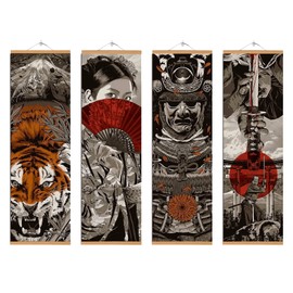 4PCS Japanese Wall Decor, Japanese Wall Art, Japanese Decor for Bedroom, Sumurai Armor Warrior Canvas Wall Decorations with Scroll Wood Framed, Sushi Restaurant Decor, 11''x35''