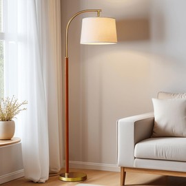 65” Walnut Gold Arc Floor Lamp for Living Room, 1200 Lumens 3-Level Brightness Mid Century Modern Floor Lamp for Bedroom, Wood Vintage Gold Standing Lamp, Adjustable Lampshade, LED Bulb Included