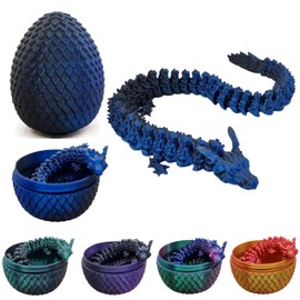 3D Printed Dragon Egg with Fire Dragon, Made in Germany, Fully Movable Dragon with Flexible Joints, Ideal as Decoration (Black/Blue)