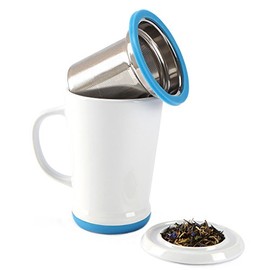 casaWare Tilt and Drip Tea Infuser Ceramic Mug, 14-Ounce (White with Azure Berry)