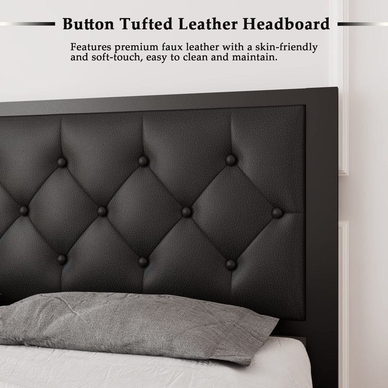 Feonase Queen Size Metal Bed Frame with Faux Leather Button