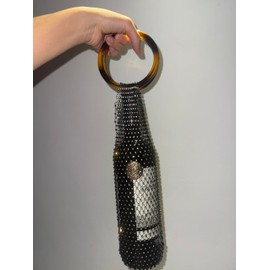 Munyee Hua Rhinestone Wine Bottle Holder Bag, Crystal Mesh Evening Purse with Ring Handle, Silver (Brown Handle Black Mesh)