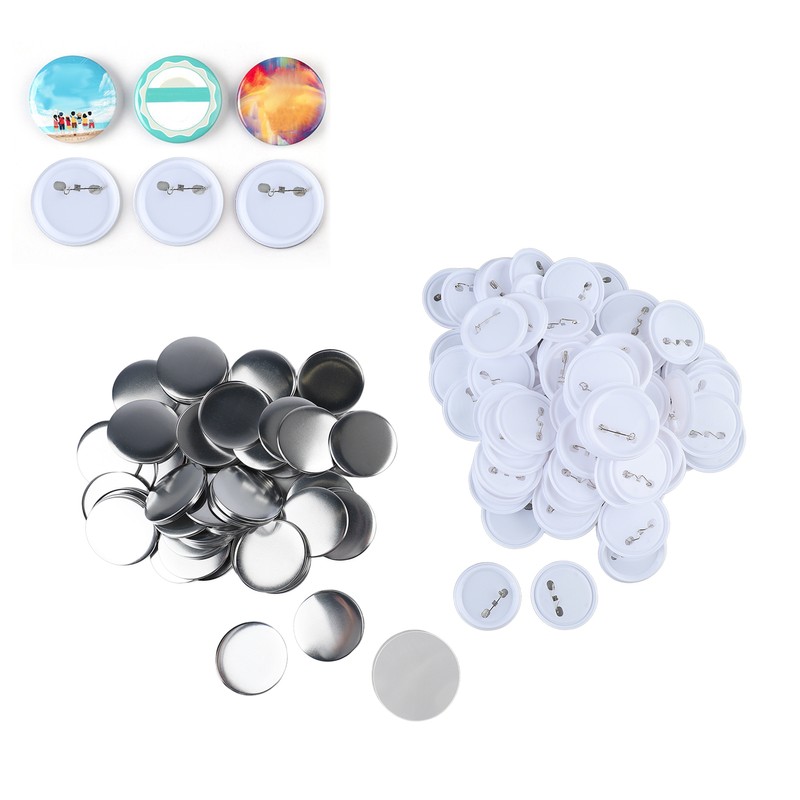 100 Set Pin Back Button Parts 2.3in Diameter Tinplate Plastic